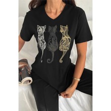Kadın  V Yaka Büyük Beden Kedi Pul Payet Işlemeli  Pamuk Tişört