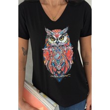 Kadın Siyah V Yaka Baykuş Pul Payet Işlemeli %100 Pamuk T-Shirt