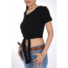 Bağlamalı Siyah V Yaka Crop Kadın Tişört – Basic & Şık
