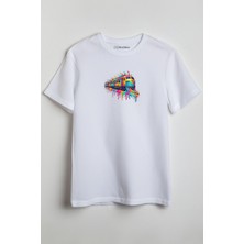 Merch&ice Renkli Tren Baskılı Unisex T-Shirt Beyaz