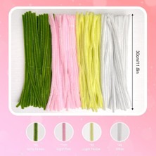 100 Adet Sarı, Pembe, Beyaz, Koyu Yeşil Renkli Şönil , Çiçek Yapım Seti, Tüylü Tel, 30 Cm, Peluş Tel