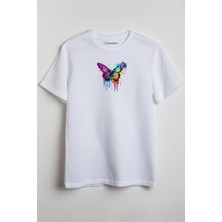 Merch&ice Renkli Kelebek Baskılı Unisex T-Shirt Beyaz