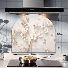 Beyaz Çiçekli Oval Cam Ocak Arkası Koruyucu, 52X60CM, Renkli Detaylar