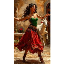 Soi Craft Bohem Dans Temalı Tablo, Kırmızı Etekli Dansçı ve Keçi, Duvar Dekorasyonu