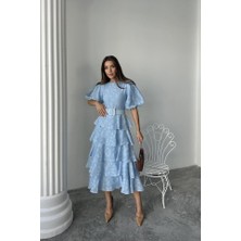 Trend Befaon Bebe Mavi Kat Kat Balon Kollu Kemerli Elbise