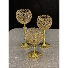 Parlak Kristal Taşlı Ayaklı Gold Şamdan Seti, Zarif ve Şık Tasarım, 3'lü Paket