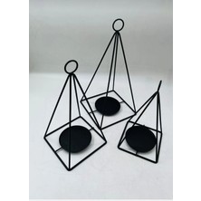 Şık 3'lü Siyah Metal Piramit Mumluk Seti, Zarif Dekorasyon Parçası