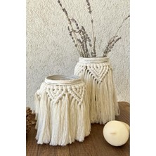 El Yapımı Krem Renk 2'li Makrome Mumluk Seti, Şık ve Sıcak Atmosfer Yaratır