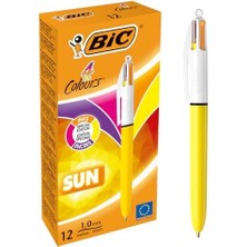 4 Colours Sun Tükenmez Kalem, 12'li Kutu, 1.0mm Uç, Tek Kalemde Sarı, Mor, Turuncu ve Pembe Renkler