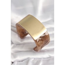 Kahverengi Mermer Desen Akrilik Platik Gold Dikdörtgen Plaka Model Vintage Kadın Bilezik