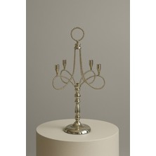 Gümüş Renk 4 Kollu Dikey Metal Şamdan - 51 cm Dekoratif Mumluk