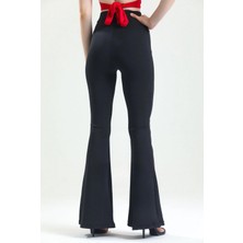 Dream Style Kadın Siyah Ispanyol Paça Dalgıç Kumaş Yüksek Bel Likralı Toparlayıcı Tayt Pantolon