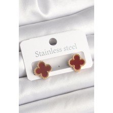 Pirinç Gold Renk Bordo Yonca Model Kadın Küpe