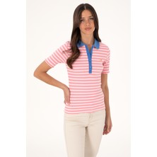 U.S. Polo Assn. Kadın Pembe Çizgili Polo Yaka Tişört 50306031-VR041