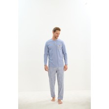 Erkek Uzun Kol %100 Pamuk Mavi Pijama Takım 9516