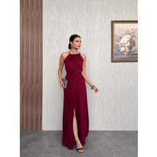 Bordo Bel Bağlamalı Yırtmaçlı Elbise