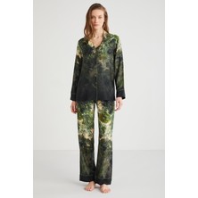 Kadın Uzun Kol Önden Düğmeli Yeşil  Pijama Takım C1T0N7O9