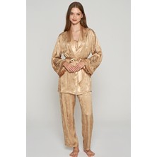 Kadın 3 Lü Dokuma Jakar Bej Sabahlık & Pijama Takım C2T2N1O5