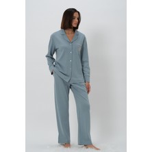 Kadın Uzun Kol Önden Düğmeli Mavi Pijama Takım %100 Pamuk CTN83