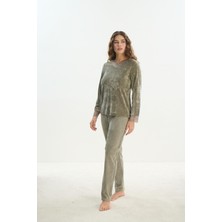 Kadın Uzun Kol Yeşil Kadife Pijama Takım C0T6N1O61