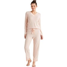 Kadın Uzun Kol V Yaka Pembe Pijama Takım C3T3N4O2