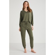 Kadın Uzun Kol V Yaka Haki Pijama Takım C1T2N7O9