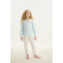 Kız Çocuk Uzun Kol Gömlek Yaka Önden Düğmeli Mavi Pijama Takım C3T5N7O8