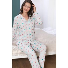 Coton House Kadın Uzun Kol Önden Düğmeli Pamuklı Gri Pijama Takım 6127