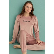 Coton House Kadın Uzun Kol Kadife Pudra Pijama Takımı C1T3N1O64-8