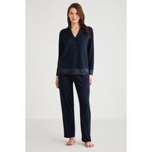 Coton House Kadın Uzun Kol Önden Düğmeli Lacivert Pijama Takım C8T0N7O9
