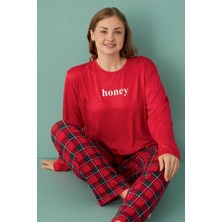 Kadın Büyük Beden Uzun Kol Kırmızı Pijama Takım C5T0N8O02-2