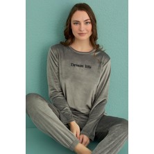 Coton House Kadın Uzun Kol Kadife Gri Pijama Takımı C1T3N1O64-9