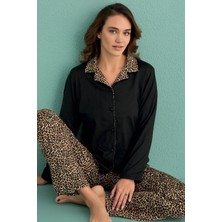 Kadın Uzun Kol Önden Düğmeli Siyah Pijama Takım C1T9N1O01-10