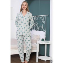 Kadın Uzun Kol Önden Düğmeli Açık Yeşil Pamuklu Pijama Takım 6113