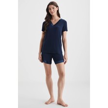 Kadın Lacivert Viskon V Yaka Ev Giyim Takımı / Pijama Şort Takımı C4T3N72
