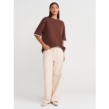 31894 Çift Görünümlü Oversize T-Shirt-Açık Kahve