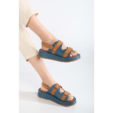 Kadın Hakiki Deri Cırtlı Kalın Taban Sandalet - Kot Mavi