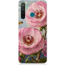 Realme 5 Pro Uyumlu Pembe Çiçek ve Arı  Desenli Silikon Kılıf