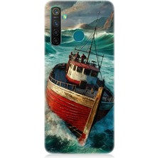 Realme 5 Pro Uyumlu Fırtınada Kırmızı Gemi  Desenli Silikon Kılıf