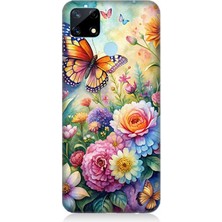 Realme C17 Uyumlu Çiçeklerle Dans Eden Kelebek  Desenli Silikon Kılıf