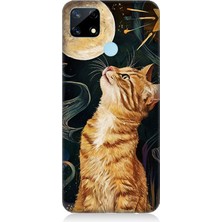Realme 12 Uyumlu Aya Bakan Meraklı Kedi  Desenli Silikon Kılıf