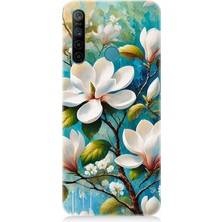 Realme 5i Uyumlu Işıltılı Beyaz Çiçekler  Desenli Silikon Kılıf
