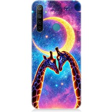 Realme 5i Uyumlu Ay Altında Gergedan Giraffe  Desenli Silikon Kılıf