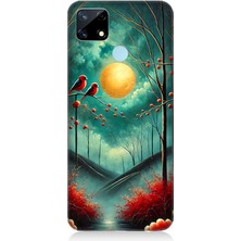 Realme C17 Uyumlu Ay Işığında Kırmızı Kuşlar  Desenli Silikon Kılıf
