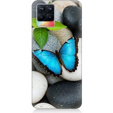 Realme 8 Uyumlu Mavilikte Taş Üzerinde Kelebek  Desenli Silikon Kılıf