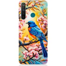 Realme 5 Pro Uyumlu Pembe Dallarda Mavi Kuş  Desenli Silikon Kılıf