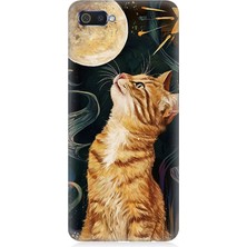 Realme C2 Uyumlu Aya Bakan Meraklı Kedi  Desenli Silikon Kılıf