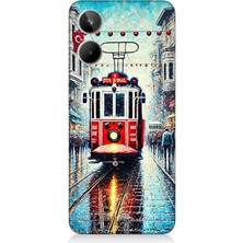 Realme 10 Uyumlu Yağmurlu Sokakta Kırmızı Tramvay  Desenli Silikon Kılıf