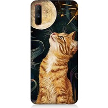 Realme C3 Uyumlu Aya Bakan Meraklı Kedi  Desenli Silikon Kılıf