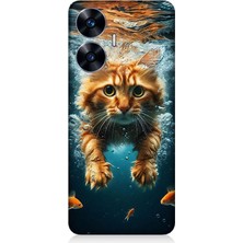 Realme C55 Uyumlu Suda Yüzen Kedi  Desenli Silikon Kılıf
